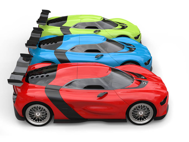Koncepció sportautók, vörös, zöld és kék színben - oldalnézet - Fotó, kép