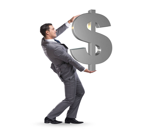 Бизнесмен с табличкой доллара изолирован на белом
 - Фото, изображение