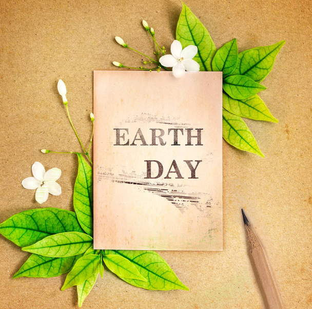 Dzień Ziemi, arkusz papieru z świeże wiosna zielony liści i kwiatów  - Zdjęcie, obraz