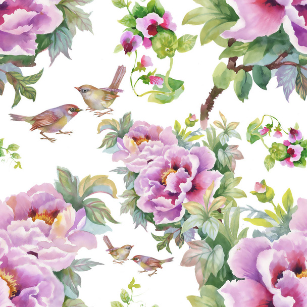 pattern of purple flowers  and  birds  - Фото, изображение