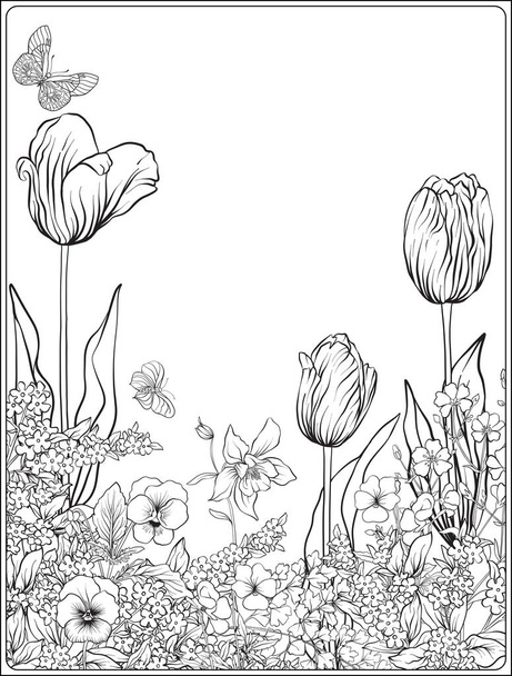 Composition with spring flowers: tulips, daffodils, violets, for - Vektori, kuva