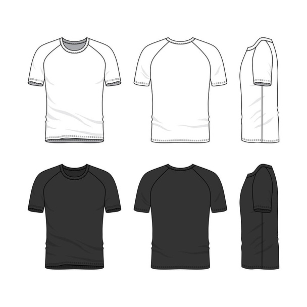 衣料品のベクトル テンプレートを設定します。空の t シャツのフロント、バック、サイド ビュー。ラグラン袖のシャツ。スポーツウェア、制服の服。白と黒の色のバリエーション。ファッション イラスト-. - ベクター画像