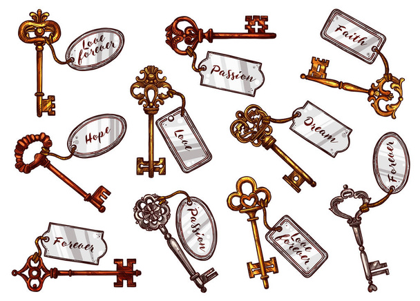 Wektor szkic vintage klucze z pęku kluczy Tagi - Wektor, obraz