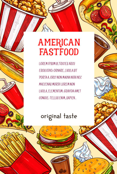 Питание в ресторане быстрого питания или векторный постер с закусками
 - Вектор,изображение