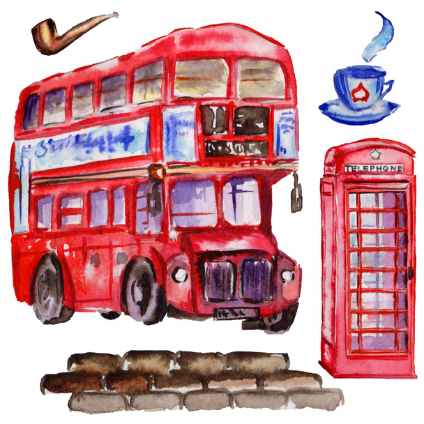 Acuarela ilustración de Londres. Gran Bretaña dibujó símbolos a mano. Autobús británico
 - Foto, imagen