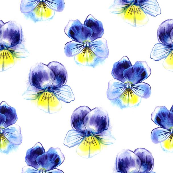 Watercolor illustration of Violet flowers. Seamless pattern. Seamless background of beautiful pansy. - Foto, Imagen