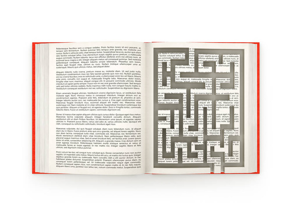 Open book with labyrinth, isolated on white background. 3d illus - 写真・画像