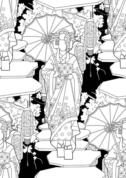 Grafické gejša s deštníkem - Vektor, obrázek