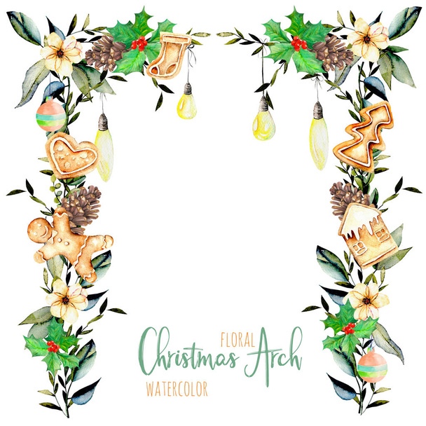Акварельна квіткова різдвяна арка з підвісними лампами для святкового дизайну
 - Фото, зображення