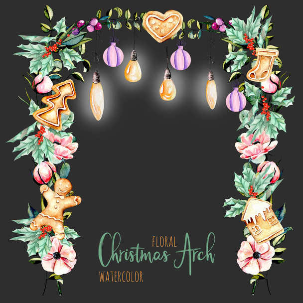 休日のデザインのランプをぶら下げ水彩花クリスマス アーチ - 写真・画像