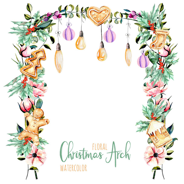 Акварельна квіткова різдвяна арка з підвісними лампами для святкового дизайну
 - Фото, зображення