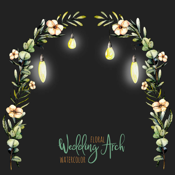 Akwarela wesele kwiatowy łuk z wiszące lampy do projektowania dla nowożeńców - Zdjęcie, obraz