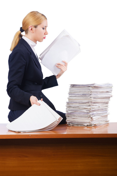 Woman businesswoman with lots of papers - 写真・画像
