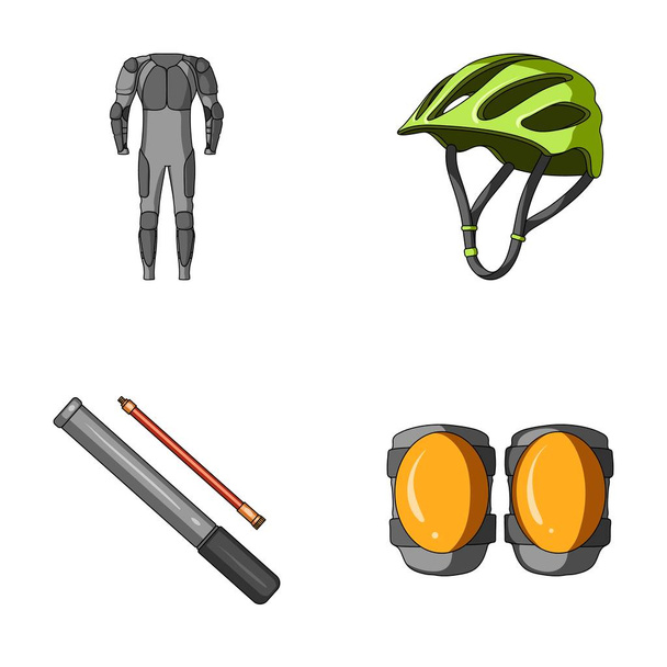 Full-body suit for the rider, helmet, pump with a hose, knee protectors.Cyclist outfit set collection icons in cartoon style vector symbol stock illustration web. - Vecteur, image