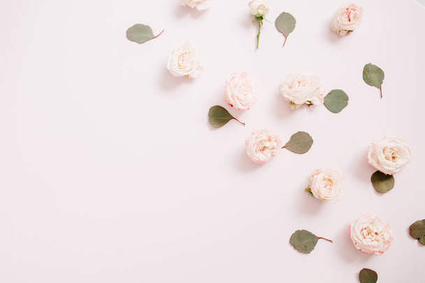 Λουλούδια μοτίβο υφής από μπεζ τριαντάφυλλα, φύλλα ευκαλύπτου - Φωτογραφία, εικόνα