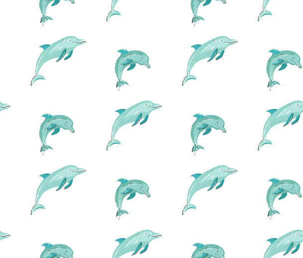 Hand drawn vector cartoon summer time seamless pattern with jumping dolphins in blue colors isolated on white background - Διάνυσμα, εικόνα