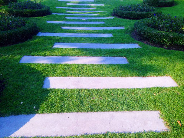 Цементная дорожка, прямоугольная и окруженная зеленой травой. - Фото, изображение