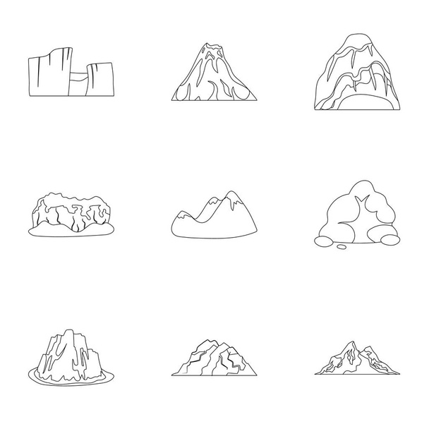 Σύνολο εικονιδίων για διαφορετικά βουνά. Χειμώνα, καλοκαίρι βουνά σε μία συλλογή. Διάφορα βουνά εικονίδιο στο σύνολο συλλογής στο περίγραμμα στυλ διάνυσμα σύμβολο απόθεμα ενδεικτικά. - Διάνυσμα, εικόνα