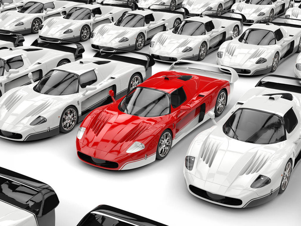 Nádherné červené moderní koncept sportovního vozu stojí v moři bílých sportovních automobilů - Fotografie, Obrázek