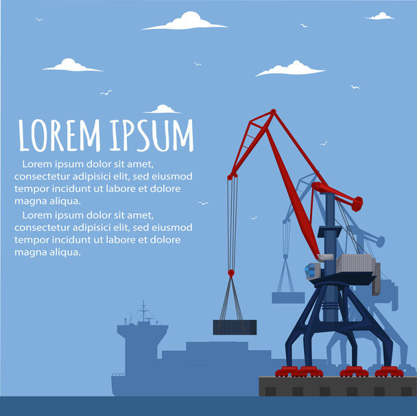 Commercial seaport banner with port crane - Vector, Image