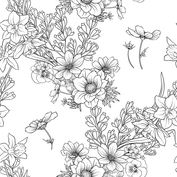 Seamless pattern with poppy flowers daffodil, anemone, violet in - Vector, Image