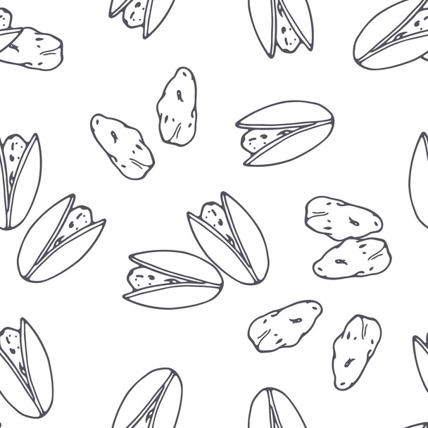 Hand drawn outline seamless pattern with pistachio. Black and white food background - Vektor, obrázek