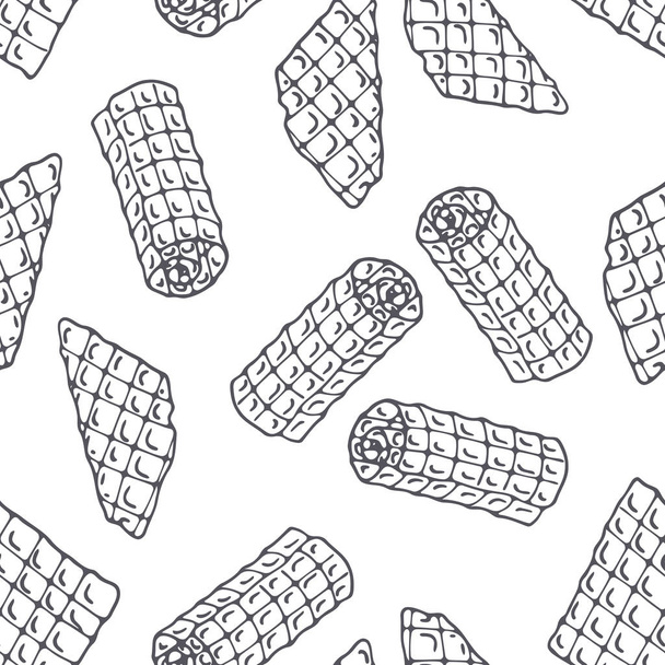 Hand drawn outline seamless pattern with waffles. Black and white food background - Вектор,изображение