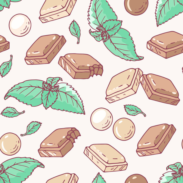 Seamless pattern with hand drawn chocolate and mint flavor - Vektör, Görsel