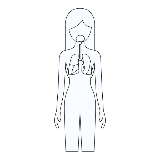 σκίτσο σιλουέτα του θηλυκό πρόσωπο με το ανθρώπινο σώμα αναπνευστικό σύστημα - Διάνυσμα, εικόνα