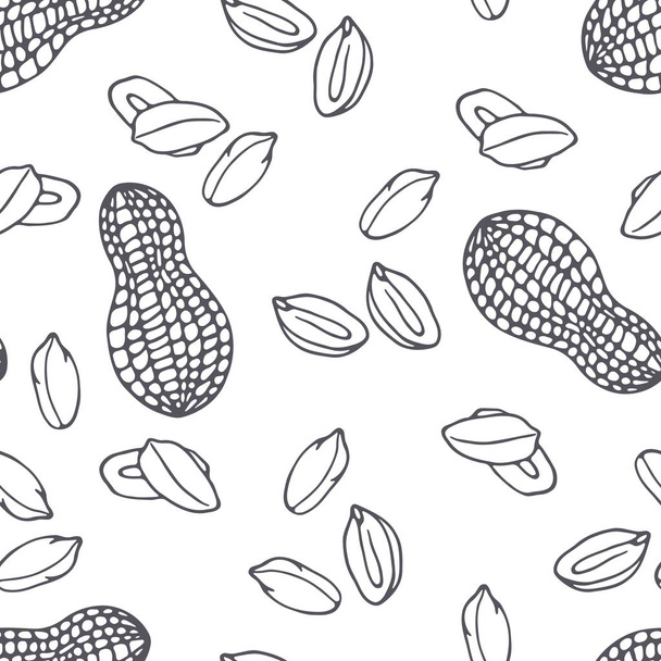 Hand drawn outline seamless pattern with peanuts. Black and white food background - Vektor, Bild
