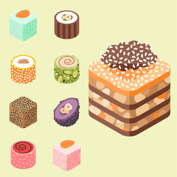 Kelet-finom desszert édesség élelmiszer cukrászda házi választék vektoros illusztráció elszigetelt - Vektor, kép