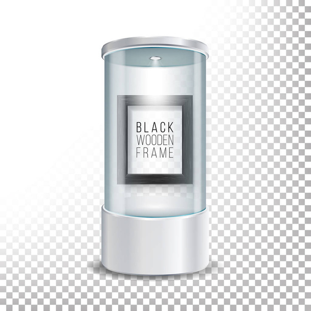 暗い木製の写真フレームのテンプレート、スポット ライト火花と透明ガラス博物館ショーケース表彰台。カプセル ボックスのモックアップを展示のため、あなたの製品を表示します。ベクトル透明図 - ベクター画像