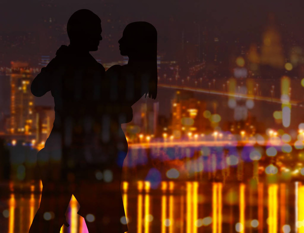 couple silhouette and cityscape - Фото, зображення