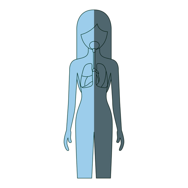 μπλε χρώμα σκίασης σιλουέτα θηλυκό πρόσωπο με το ανθρώπινο σώμα αναπνευστικό σύστημα - Διάνυσμα, εικόνα