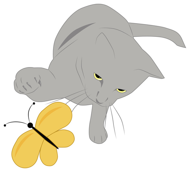 Gato cinzento e borboleta
 - Vetor, Imagem