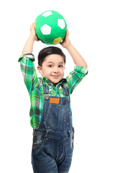 Cute little boy with ball on white background - Foto, Imagen