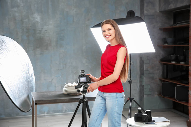 Beautiful young woman during photography classes - Foto, Imagem