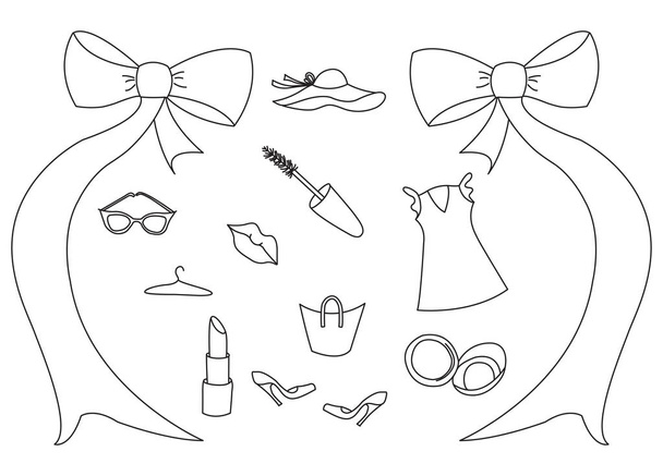 Vector icons set of womens clothing and accessories. The set of hand drawn beauty and wellness items - Вектор,изображение