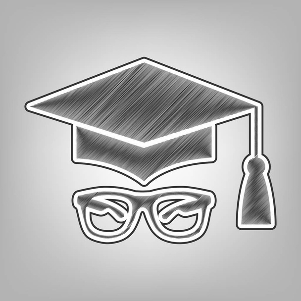 Mortar Board or Graduation Cap with glass. Vector. Pencil sketch imitation. Dark gray scribble icon with dark gray outer contour at gray background. - Vector, Image