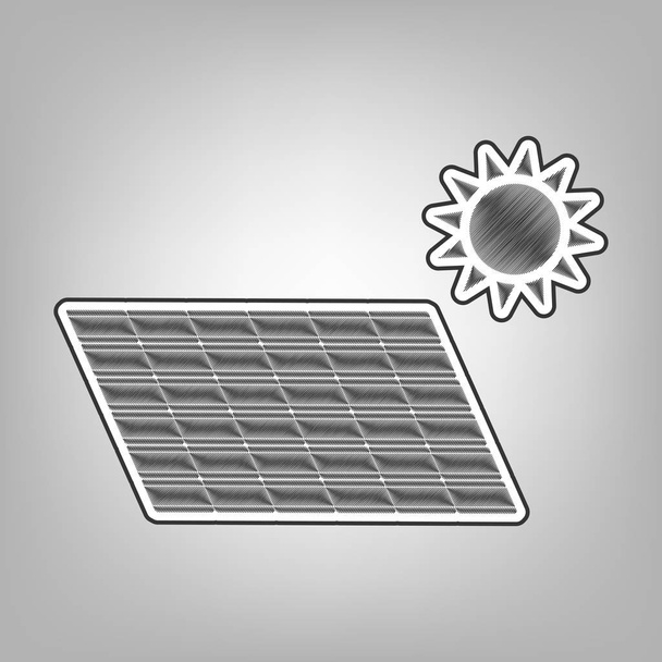Solar energy panel. Eco trend concept sign. Vector. Pencil sketch imitation. Dark gray scribble icon with dark gray outer contour at gray background. - Vector, Image