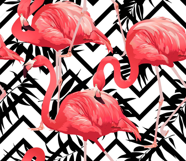 Flamingo Bird and Tropical Flowers Background - Seamless pattern vector - Wektor, obraz