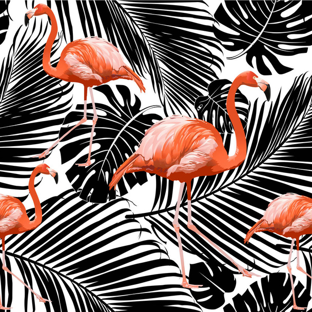 Seamless flamingo pattern with silhouettes of palm tree leaves in black on white background.  - Vettoriali, immagini
