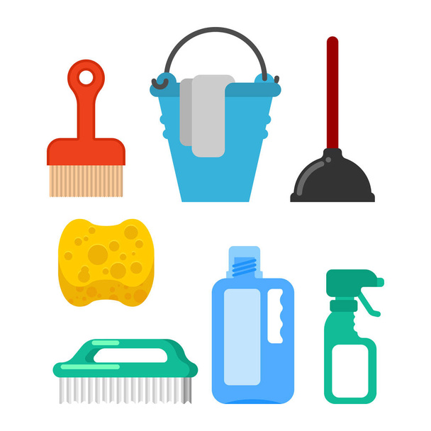 Accesorio de limpieza. cepillo de lavado y émbolo. cubo y suelo
 - Vector, imagen
