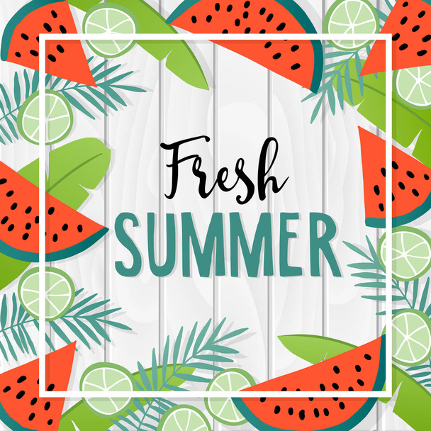Fresh summer greeting card, invitation with hand drawn palm leaves, watermelon fruit, and lemon slices. White wooden background. Tropical design. Vector illustration. - Vetor, Imagem