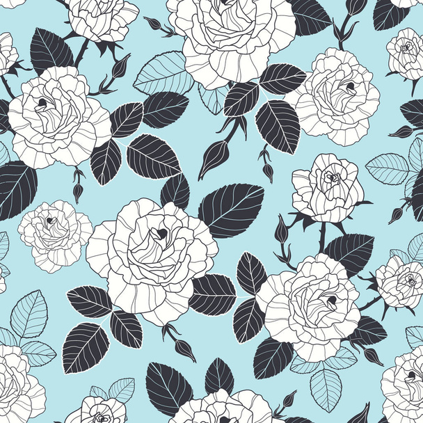 Vector vintage pastel blue, black, and white roses and leaves seamless repeat pattern. Great for retro fabric, wallpaper, scrapbooking projects. - Vector, imagen