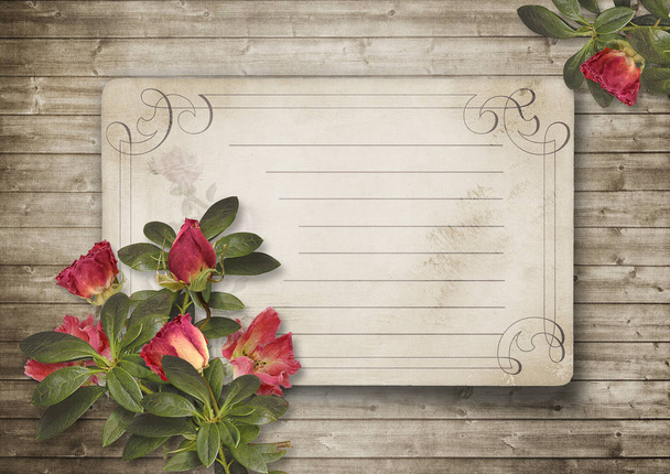 Old card with vintage roses on wood background - Foto, imagen
