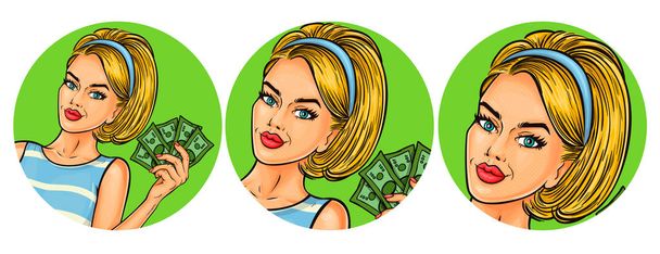 Set of vector illustration, womens pop art round avatars icons - Vector, Imagen