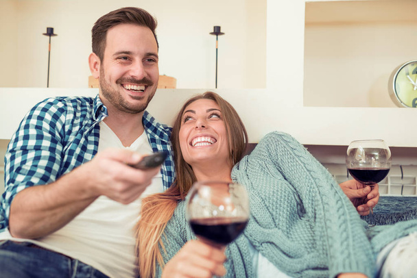  Young couple drinking red wine - Photo, Image