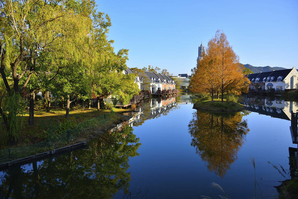 Autumn park with pond near city - Фото, изображение