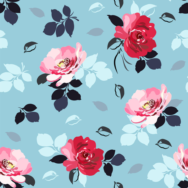 Seamless floral pattern with red and pink roses, foliage in black and light color - Вектор,изображение